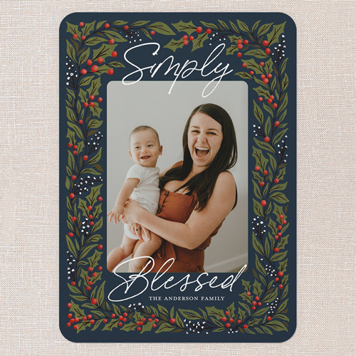 Artistic Botanicals Holiday Card, Blue, 5x7 Flat, Religious, Pearl Shimmer Cardstock, Rounded, Cobalt