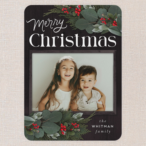 Framed Evergreen Holiday Card, Black, 5x7 Flat, Christmas, Pearl Shimmer Cardstock, Rounded, Black