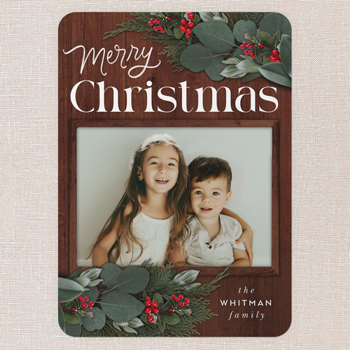 Framed Evergreen Holiday Card, Brown, 5x7 Flat, Christmas, Pearl Shimmer Cardstock, Rounded, Chocolate