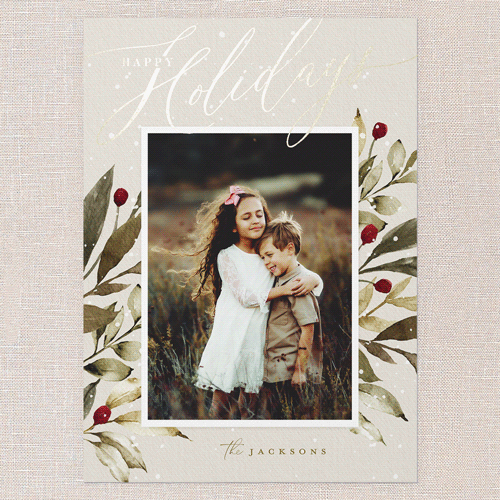 Baroque Berries Holiday Card, Grey, Gold Foil, 5x7 Flat, Holiday, Luxe Double-Thick Cardstock, Square, Whisper Gray