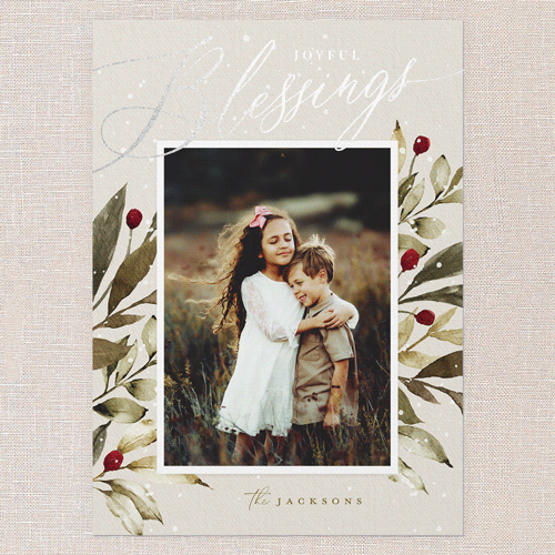 Baroque Berries Holiday Card, Grey, Silver Foil, 5x7 Flat, Religious, Pearl Shimmer Cardstock, Square, Whisper Gray