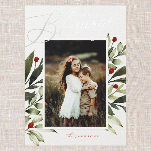 Baroque Berries Holiday Card, White, Silver Foil, 5x7 Flat, Religious, Matte, Signature Smooth Cardstock, Square, White