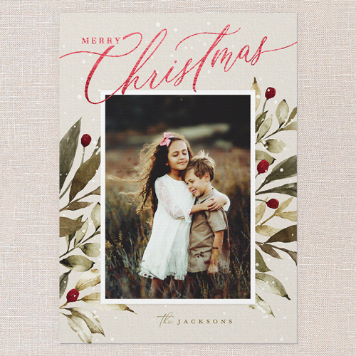 Baroque Berries Holiday Card, Grey, Red Foil, 5x7 Flat, Christmas, Pearl Shimmer Cardstock, Square, Whisper Gray