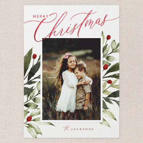 Baroque Berries Holiday Card, White, Red Foil, 5x7 Flat, Christmas, Matte, Signature Smooth Cardstock, Square, White