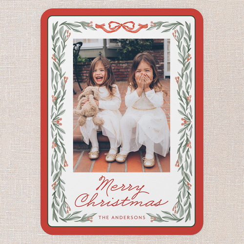 Holly Framing Holiday Card, Red, 5x7 Flat, Christmas, Pearl Shimmer Cardstock, Rounded, Apple