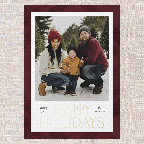 Plaid Stamp Holiday Card, Red, Gold Foil, 5x7 Flat, Holiday, Pearl Shimmer Cardstock, Square, Red