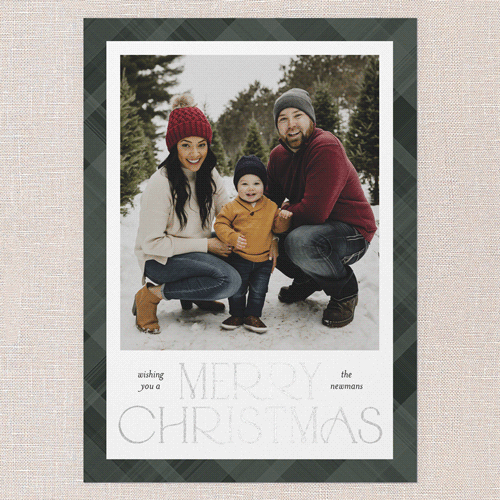 Plaid Stamp Holiday Card, Green, Silver Foil, 5x7 Flat, Christmas, Luxe Double-Thick Cardstock, Square, Green
