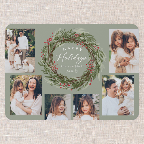 Wreath Wonder Holiday Card, Green, none, 5x7 Flat, Holiday, Pearl Shimmer Cardstock, Rounded, Ivy
