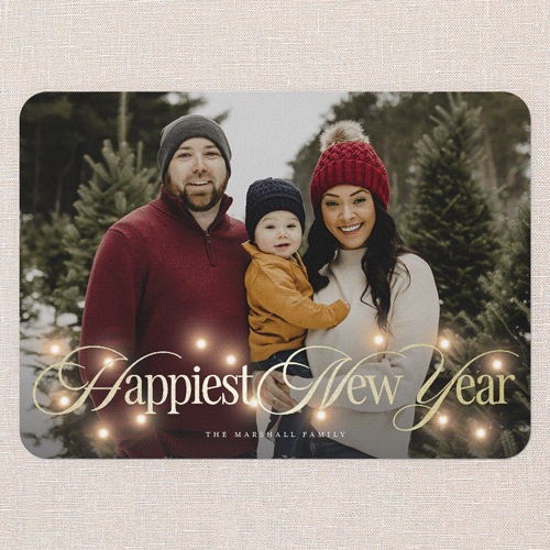 Timeless Lights Holiday Card, White, Gold Foil, 5x7 Flat, New Year, Pearl Shimmer Cardstock, Rounded, White