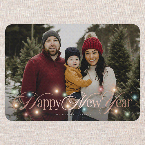 Timeless Lights Holiday Card, Red, Rose Gold Foil, 5x7 Flat, New Year, Pearl Shimmer Cardstock, Rounded, Red