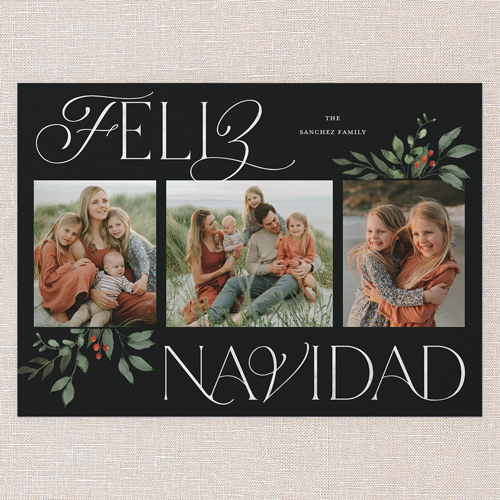 Hint Of Green Holiday Card, Black, none, 5x7 Flat, Feliz Navidad, Matte, Signature Smooth Cardstock, Square, Rich Black
