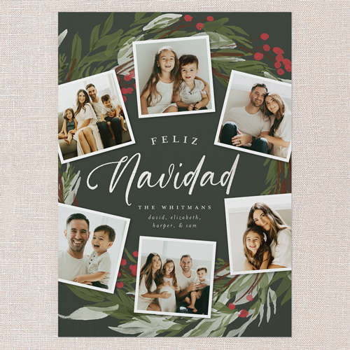 Wreath Photos Holiday Card, Green, 5x7 Flat, Feliz Navidad, Pearl Shimmer Cardstock, Square, Pine