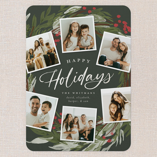 Wreath Photos Holiday Card, Green, 5x7 Flat, Holiday, Pearl Shimmer Cardstock, Rounded, Pine