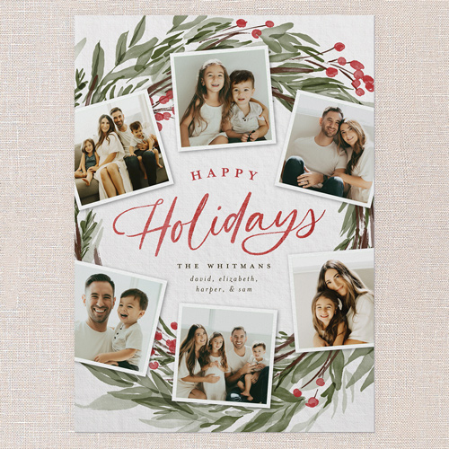 Wreath Photos Holiday Card, Grey, 5x7 Flat, Holiday, Pearl Shimmer Cardstock, Square, Whisper Gray