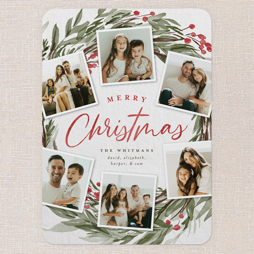 Wreath Photos Holiday Card, Grey, 5x7 Flat, Christmas, 100% Recycled Cardstock , Rounded, Whisper Gray