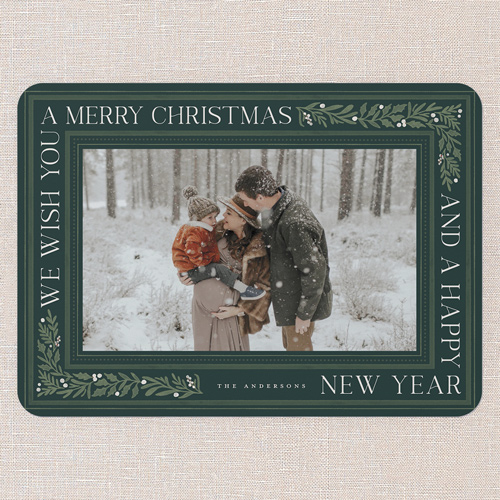 Framed Tidings Holiday Card, Green, 5x7 Flat, Christmas, Pearl Shimmer Cardstock, Rounded, Pine Grove