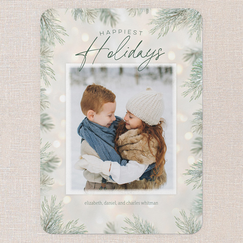 Pine Light Frame Holiday Card, Grey, 5x7 Flat, Holiday, Pearl Shimmer Cardstock, Rounded, Whisper Gray