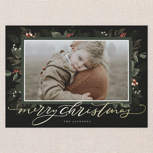 Botanical Wishes Holiday Card, Green, Gold Foil, 5x7 Flat, Christmas, Luxe Double-Thick Cardstock, Square, Pine Grove