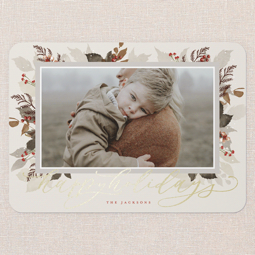 Botanical Wishes Holiday Card, Beige, Gold Foil, 5x7 Flat, Holiday, Matte, Signature Smooth Cardstock, Rounded, Adobe Blush