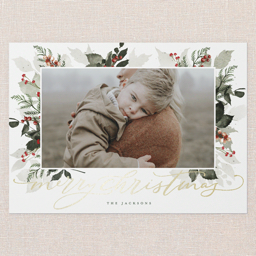 Botanical Wishes Holiday Card, White, Gold Foil, 5x7 Flat, Christmas, Pearl Shimmer Cardstock, Square, White