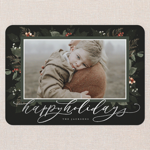 Botanical Wishes Holiday Card, Green, Silver Foil, 5x7 Flat, Holiday, Pearl Shimmer Cardstock, Rounded, Pine Grove