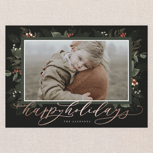 Botanical Wishes Holiday Card, Green, Rose Gold Foil, 5x7 Flat, Holiday, Matte, Signature Smooth Cardstock, Square, Pine Grove