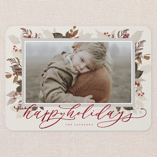 Botanical Wishes Holiday Card, Beige, Red Foil, 5x7 Flat, Holiday, Matte, Signature Smooth Cardstock, Rounded, Adobe Blush