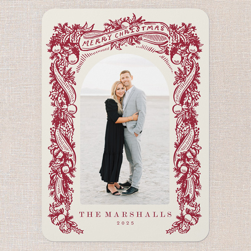 Ornate Pine Frame Holiday Card, Red, 5x7 Flat, Christmas, 100% Recycled Cardstock , Rounded, Holiday