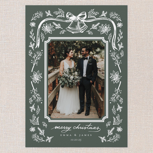 Ornate Bells Holiday Card, Green, 5x7 Flat, Christmas, Pearl Shimmer Cardstock, Square, Pine