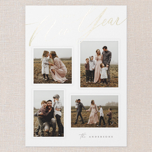 Golden Script Blessings Holiday Card, White, Gold Foil, 5x7 Flat, New Year, Luxe Double-Thick Cardstock, Square, White