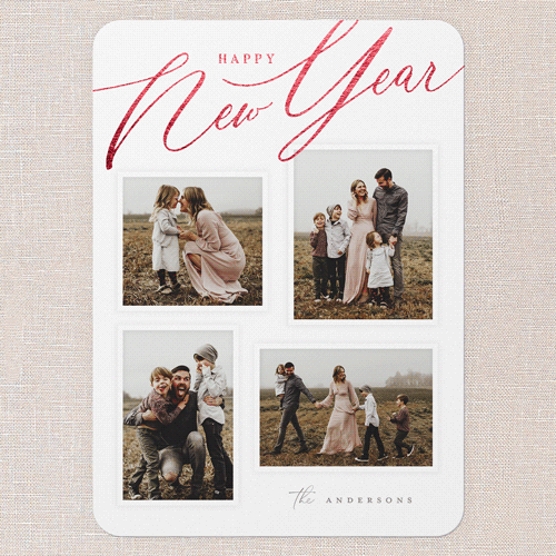 Golden Script Blessings Holiday Card, Red Foil, White, 5x7 Flat, New Year, Pearl Shimmer Cardstock, Rounded, White