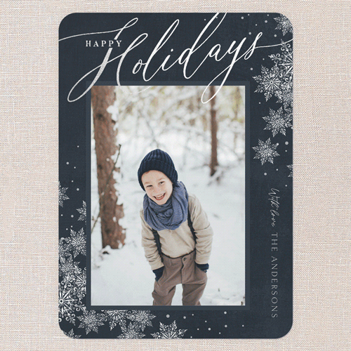 Winter Script Holiday Card, Silver Foil, Blue, 5x7 Flat, Holiday, Pearl Shimmer Cardstock, Rounded, Indigo