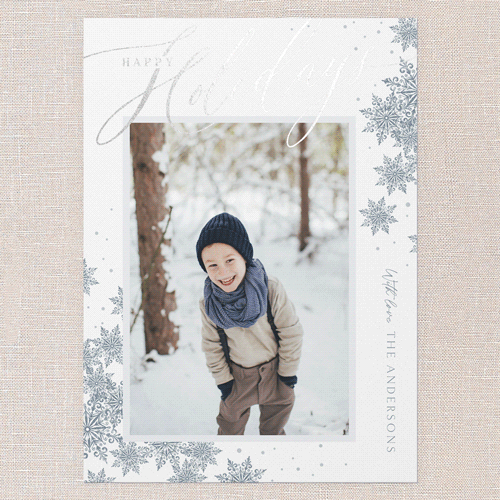 Winter Script Holiday Card, White, Silver Foil, 5x7 Flat, Holiday, Pearl Shimmer Cardstock, Square, White