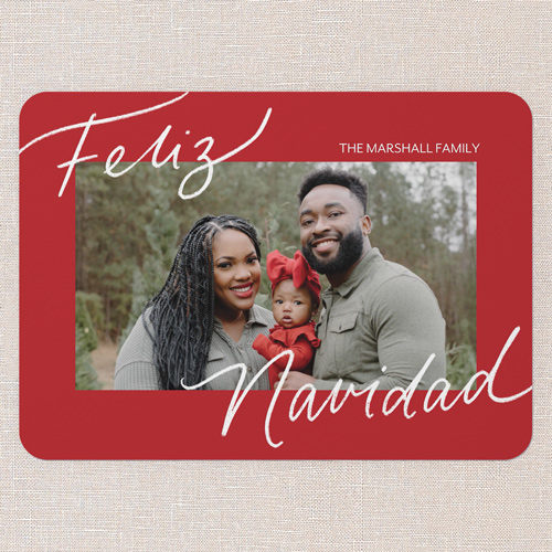 Signature Joy Holiday Card, Red, 5x7 Flat, Feliz Navidad, Pearl Shimmer Cardstock, Rounded, Radish