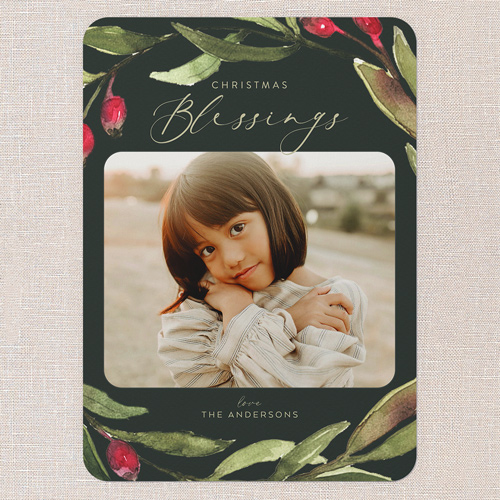 Watercolor Sprigs Holiday Card, Green, 5x7 Flat, Religious, 100% Recycled Cardstock , Rounded, Pine Grove