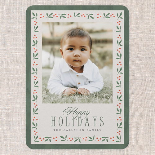 Berry Branch Frame Holiday Card, Green, 5x7 Flat, Holiday, Matte, Signature Smooth Cardstock, Rounded, Basil