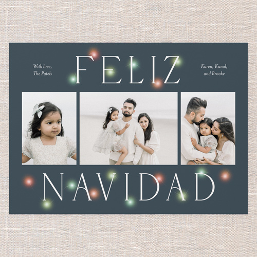 Luminous Glow Holiday Card, Orange, 5x7 Flat, Feliz Navidad, Pearl Shimmer Cardstock, Square, Blaze