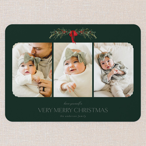 Festive Ribbon Frame Holiday Card, Green, 5x7 Flat, Christmas, Standard Smooth Cardstock, Rounded, Pine Grove