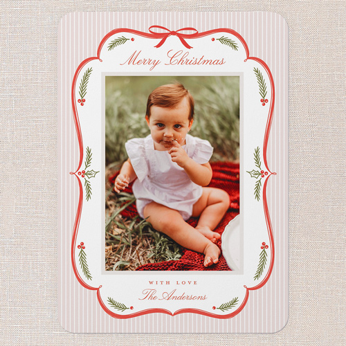 Ribboned Greetings Holiday Card, Red, 5x7 Flat, Christmas, Matte, Signature Smooth Cardstock, Rounded, Holiday