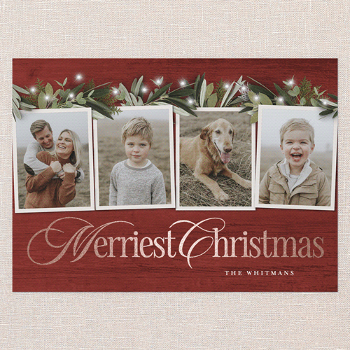 Golden Script Holiday Card, Rose Gold Foil, Red, 5x7 Flat, Christmas, Pearl Shimmer Cardstock, Square, Cinnamon