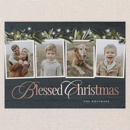 Golden Script Holiday Card, Blue, Rose Gold Foil, 5x7 Flat, Religious, Pearl Shimmer Cardstock, Square, Blue