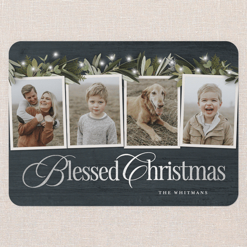 Golden Script Holiday Card, Silver Foil, Blue, 5x7 Flat, Religious, Matte, Signature Smooth Cardstock, Rounded, Blue