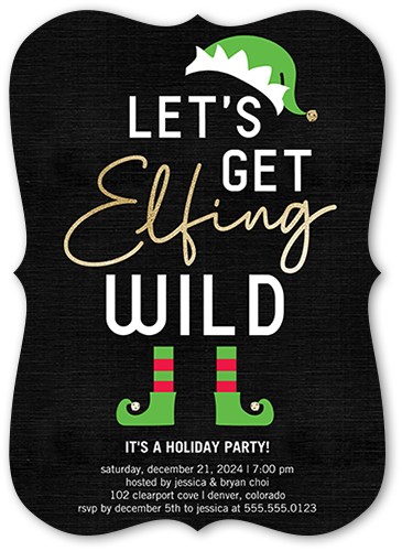 Elfing Wild Holiday Invitation, Black, 5x7 Flat, Pearl Shimmer Cardstock, Bracket