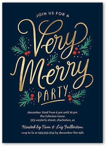 Golden Holly Party Holiday Invitation, Blue, 5x7 Flat, Pearl Shimmer Cardstock, Square