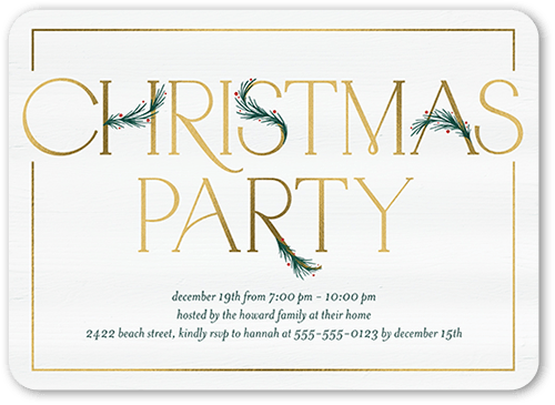 Art Deco Evergreen Holiday Invitation, White, 5x7 Flat, Christmas, Pearl Shimmer Cardstock, Rounded