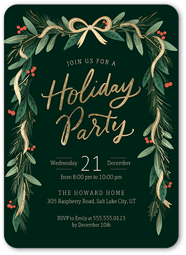 Foliage Streamers Holiday Invitation, Green, 5x7 Flat, Holiday, Matte, Signature Smooth Cardstock, Rounded