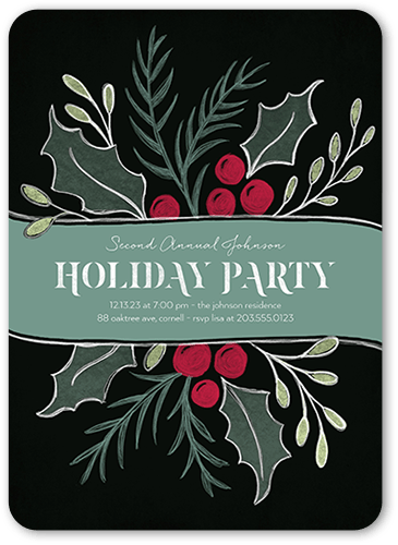 Large Holly Party Holiday Invitation, Black, 5x7 Flat, Holiday, Standard Smooth Cardstock, Rounded