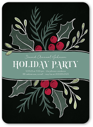 Large Holly Party Holiday Invitation, Black, 5x7 Flat, Holiday, Pearl Shimmer Cardstock, Rounded