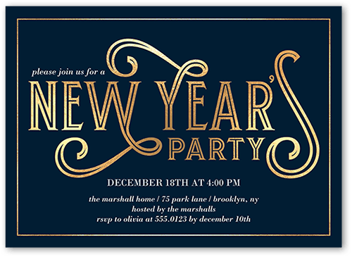 Deco Party Holiday Invitation, Yellow, 5x7 Flat, New Year, Luxe Double-Thick Cardstock, Square