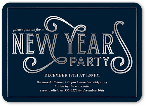 Deco Party Holiday Invitation, Grey, 5x7 Flat, New Year, Pearl Shimmer Cardstock, Rounded